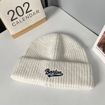 Winter letter labeling wool hat women's autumn and winter versatile warm Japanese knitted hat showing small face and ear protection cold hat man