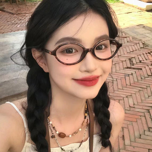Xiaohongshu same book glasses nerd glasses oval small frame retro myopia glasses leopard print Korean plain flat glasses