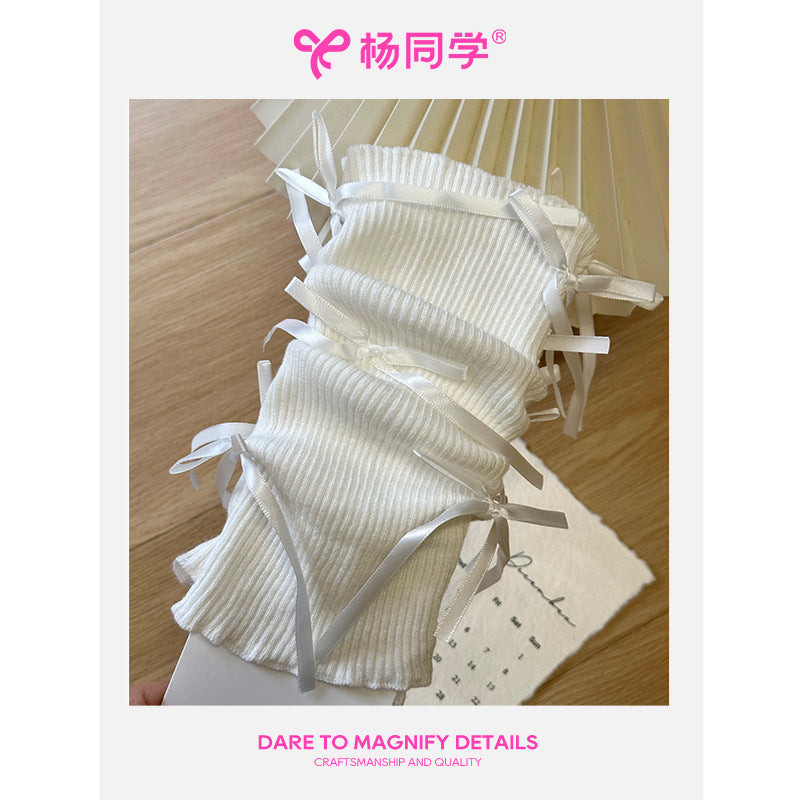 [Student Yang] Sweet girl bow knitted medium bucket stacking socks cover spring and summer jk hot girl calf cover to keep warm