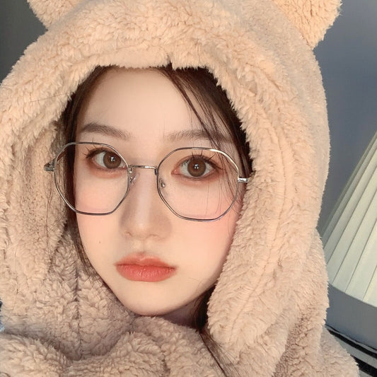 Xiaohongshu anti-blue flat glasses Korean version trendy metal glasses frame literary and retro polygonal flat glasses women