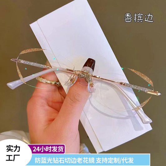 2022 new trimmed star fine flash anti-blue reading glasses Douyin same men's and women's flower glasses rimless glasses