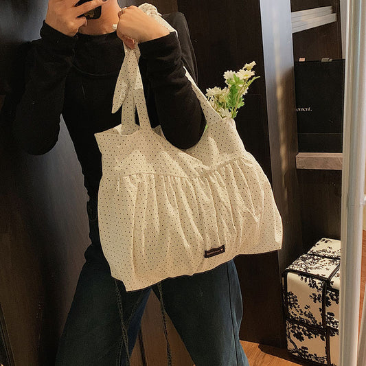 Women's large-capacity ins style new spring and summer versatile simple casual pleated polka dot shoulder college student tote bag
