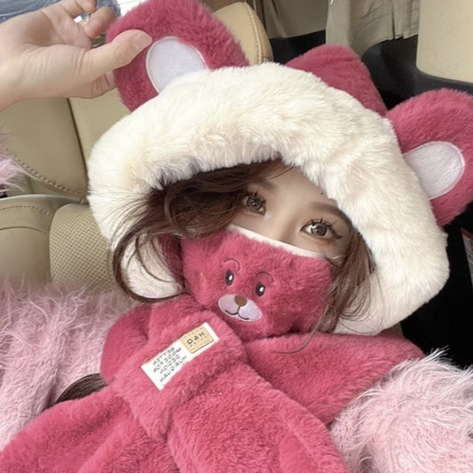 Winter ear protection, scarf, ear hat, scarf, mask, cute strawberry bear, warm and cold-proof, Lei Feng hat, female cycling hat