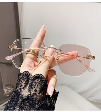 2023 fashion trendy frameless trimmed anti-blue light color-changing glasses Xiaohongshu same point drill high definition myopia glasses