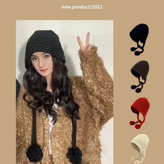 Yang Mi same black wool hat female autumn and winter warm ear protection student versatile Internet celebrity long braids knitted hat tide