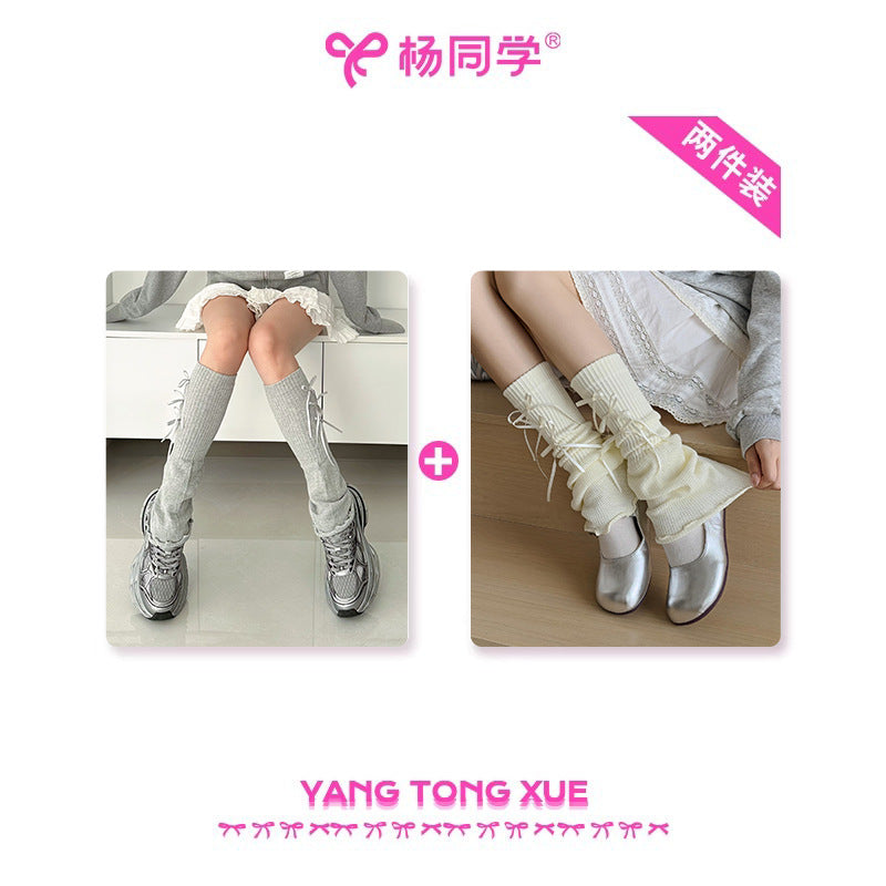 [Student Yang] Wear gray bow lace socks for women's knitted summer girl sweet ballet stacking socks