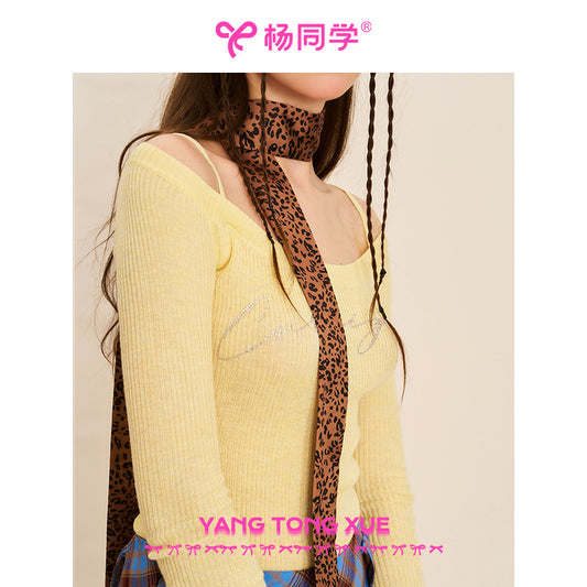 [Student Yang] Leopard print slender silk scarf new versatile new niche thin scarf streamer pure desire wind scarf
