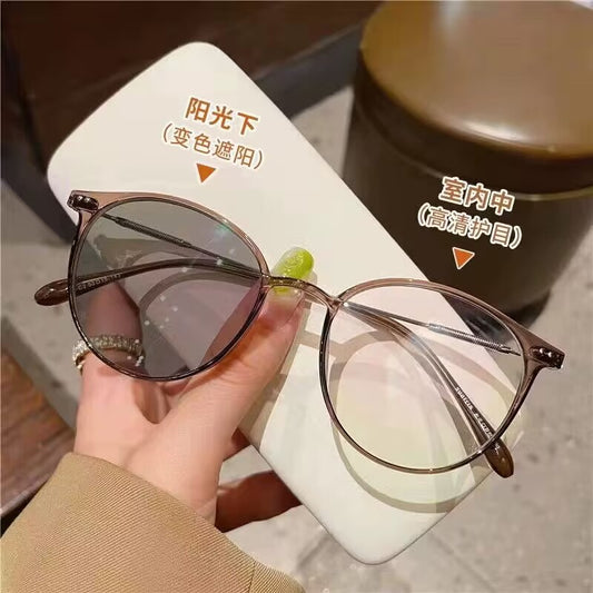 2023 new pc plus metal material advanced sense tea frame color-changing glasses high definition color-changing myopia glasses couple models