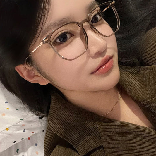 Xiaohongshu cold brown anti-blue flat mirror women's pure plain face and thin can be matched with degree myopia glasses frame
