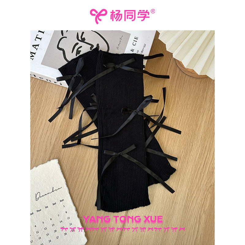 [Student Yang] Sweet girl bow knitted medium bucket stacking socks cover spring and summer jk hot girl calf cover to keep warm