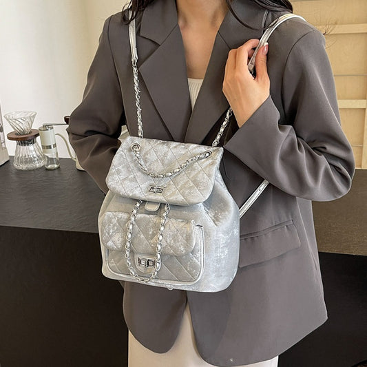Xiaoxiangfeng backpack women's 2024 Korean version fashion diamond chain small backpack simple fashion niche design women's bag