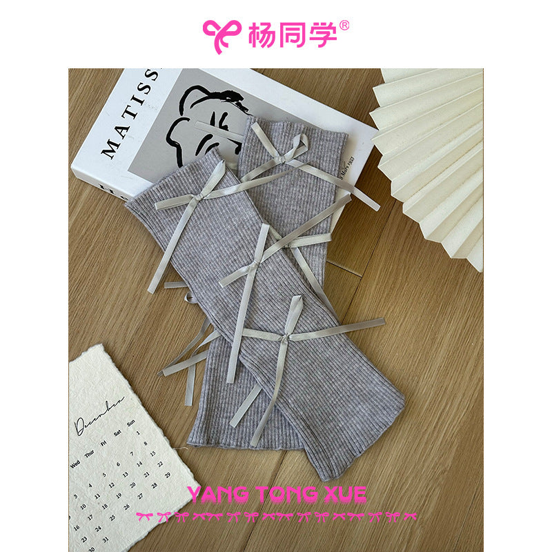 [Student Yang] Sweet girl bow knitted medium bucket stacking socks cover spring and summer jk hot girl calf cover to keep warm