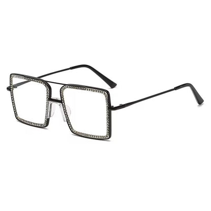 2023 fashion versatile models, large square diamond-encrusted sunglasses, Korean version, handmade diamond-encrusted flat glasses, European and American metal frames