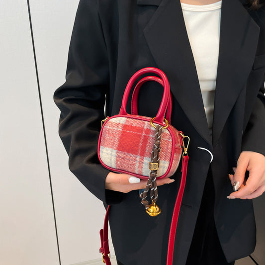 Woolen plaid bowling bag women's bag winter new shoulder messenger bag contrasting color retro style portable small square bag