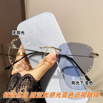 2023 fashion trendy frameless trimmed anti-blue light color-changing glasses Xiaohongshu same point drill high definition myopia glasses
