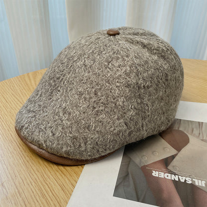 Woolen forward hat children autumn and winter solid color retro duck tongue newsboy hat warm face little painter hat wool