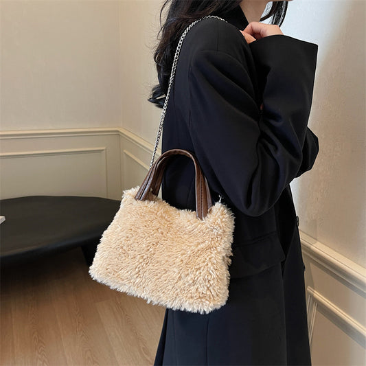 Winter large-capacity plush bag women's 2024 new women's bag simple and fashionable shoulder bag plush small square bag