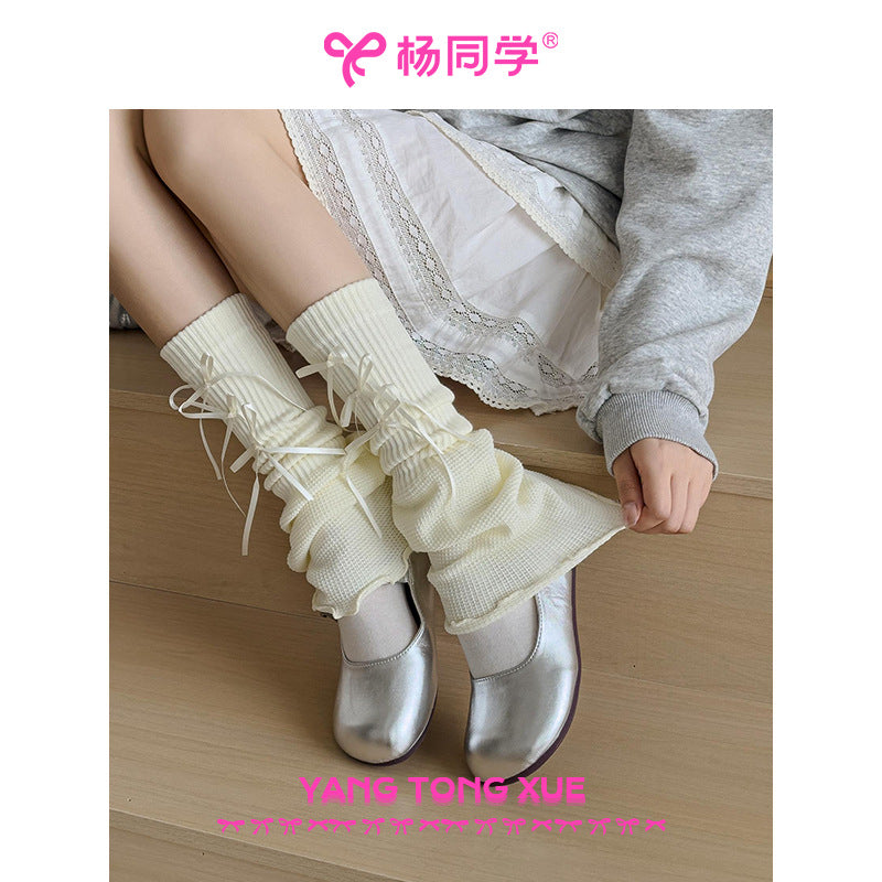 [Student Yang] Wear gray bow lace socks for women's knitted summer girl sweet ballet stacking socks