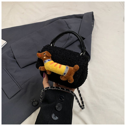 Winter hand carry plush cartoon dachshund dog small square bag 2024 new fashion casual foreign style fashionable shoulder bag