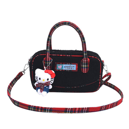 Winter hand carry plush contrasting color plaid small square bag 2024 new fashion casual foreign style literary fluff shoulder bag