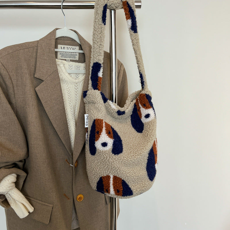 Winter new lamb wool shoulder bag bucket bag large capacity commuter messenger retro ethnic style fluff tote bag