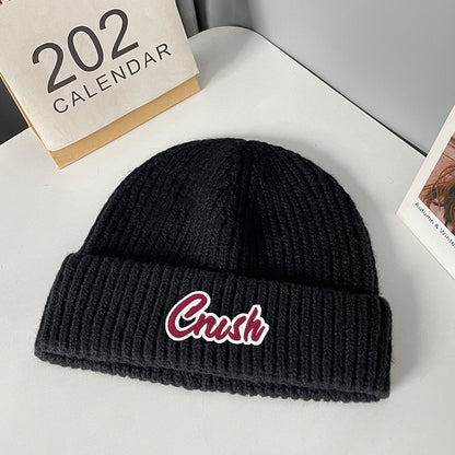 Winter letter labeling wool hat women's autumn and winter versatile warm Japanese knitted hat showing small face and ear protection cold hat man