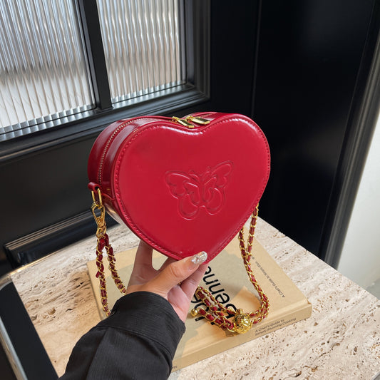 Women's bag new solid color PU heart-shaped fashion butterfly printing trend love bag niche design chain messenger bag