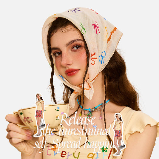 [Student Yang] French high-end versatile small square scarf women's neck headscarf sweet and cute bow triangle scarf