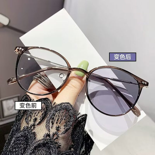 2023 new pc plus metal material advanced sense tea frame color-changing glasses high definition color-changing myopia glasses couple models