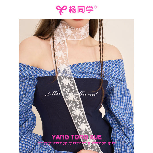 [Student Yang] Lace silk scarf women's slender terms streamer Spice girl scarf pure desire wind simple transparent tie