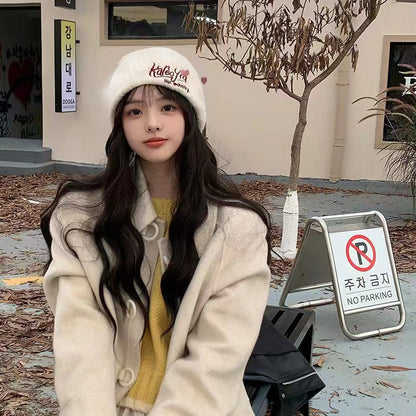 Wool hat women's autumn and winter simple knitting wide edge soft waxy surround feeling high value ear protection student style versatile