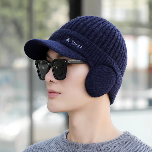 Winter Men's Duck Tongue Ear Cap Fleece Thick Warm Pullover Hat Youth Outdoor Riding Knitted Wool Hat Ski Cap