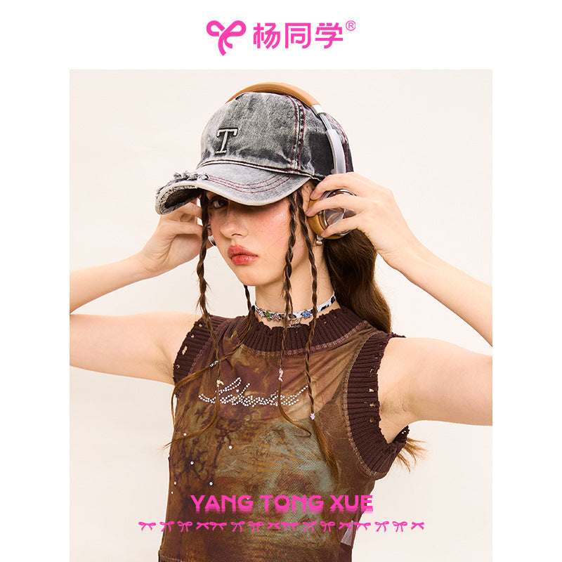 [Student Yang] T denim baseball cap retro American hat shows a small face new street cap big head circumference