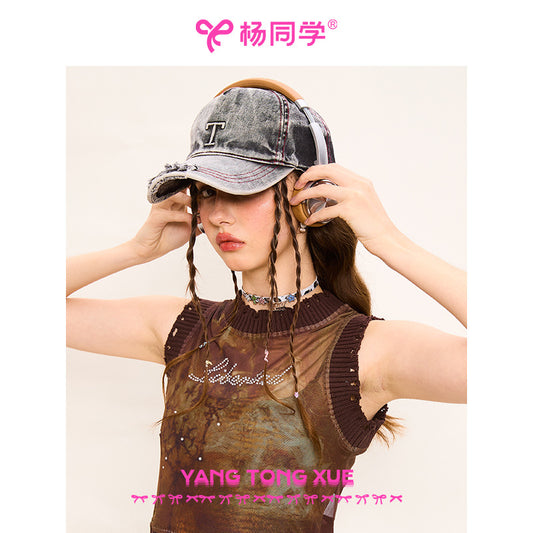 [Student Yang] T denim baseball cap retro American hat shows a small face new street cap big head circumference