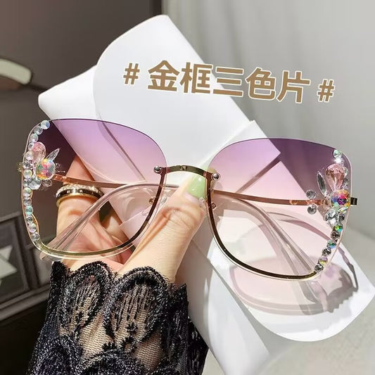 2023 new Internet celebrity frameless point diamond sunglasses UV protection butterfly shape European and American cross-border sunshade glasses