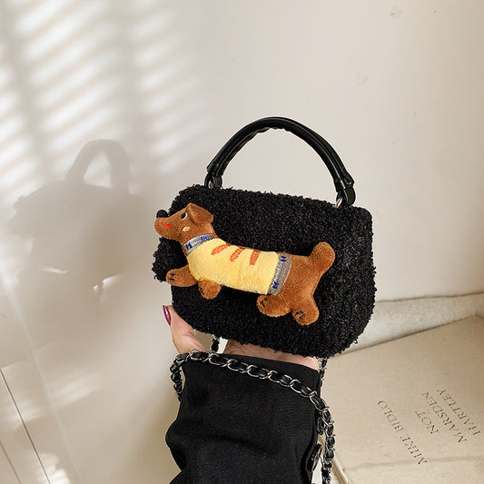 Winter hand carry plush cartoon dachshund dog small square bag 2024 new fashion casual foreign style fashionable shoulder bag