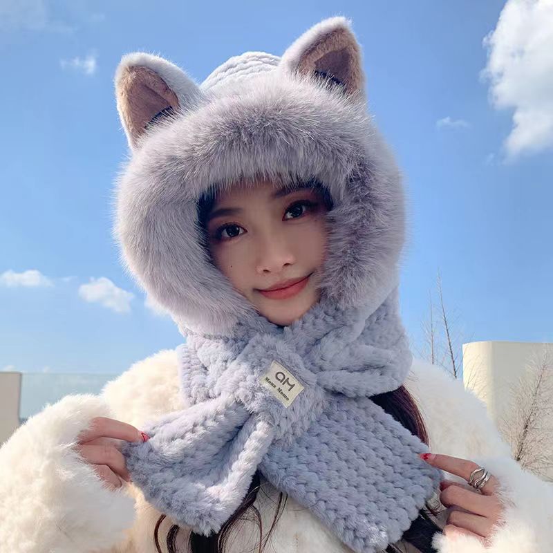 Winter female cartoon bear warm ear hair fluff hat cycling cold scarf integrated neck protection thick knitted hat