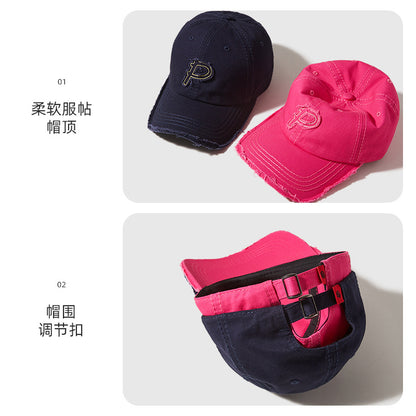 Classmate Yang retro and old P letter embroidered soft top baseball cap for men showing their faces and a small cap for women