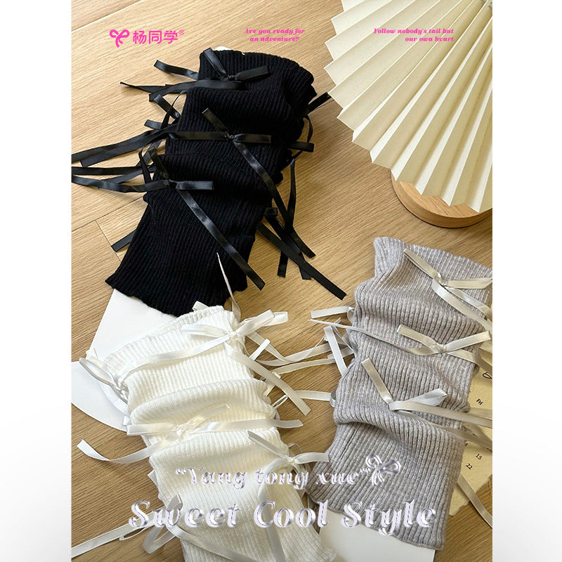 [Student Yang] Sweet girl bow knitted medium bucket stacking socks cover spring and summer jk hot girl calf cover to keep warm