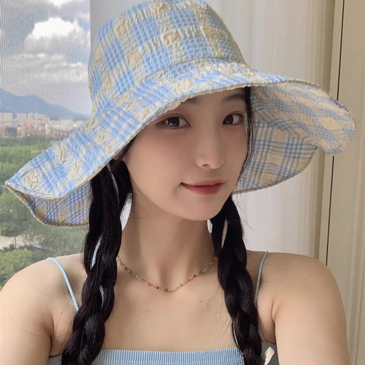 Zhao Ruth same sun hat women's 2024 new anti-ultraviolet large brim plaid bucket hat outdoor sun protection hat