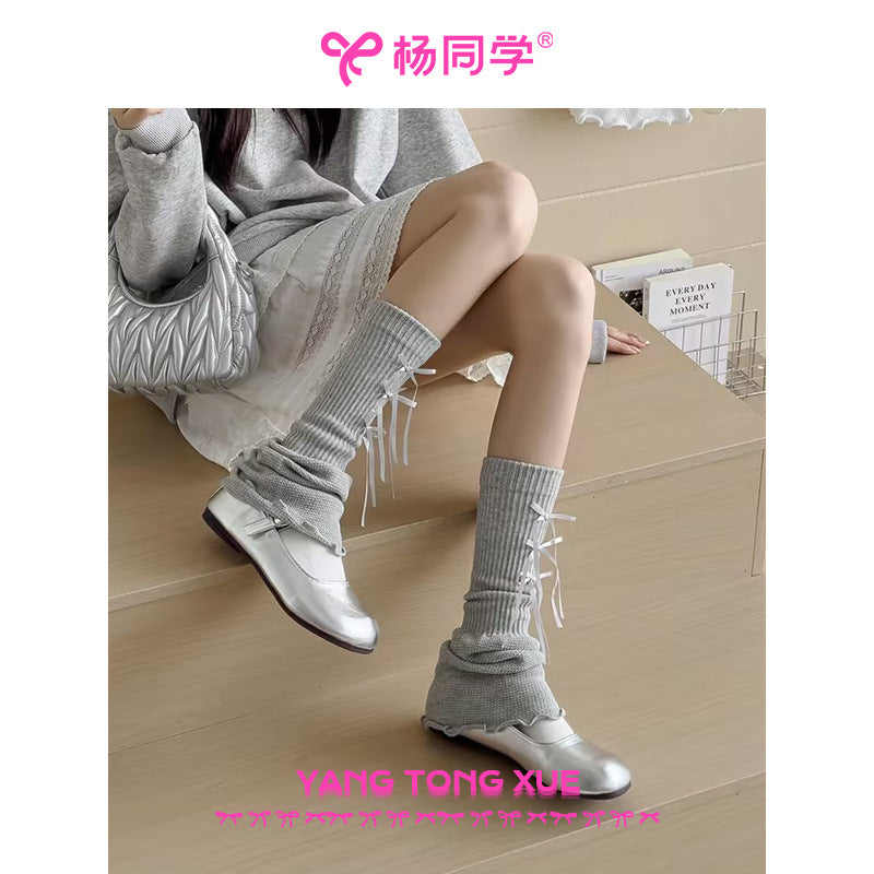 [Student Yang] Wear gray bow lace socks for women's knitted summer girl sweet ballet stacking socks