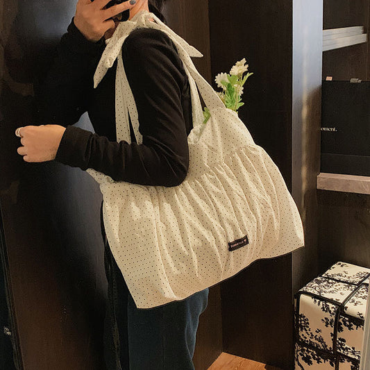 Women's large-capacity ins style new spring and summer versatile simple casual pleated polka dot shoulder college student tote bag