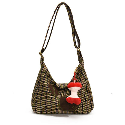 Woolen bag women's large-capacity 2024 winter new casual shoulder messenger bag plaid class commuter tote bag