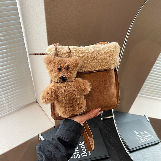 Wool lamb shoulder bag women's bag retro leather velvet messenger bag 2024 autumn and winter new sweet wind atmosphere plush bag