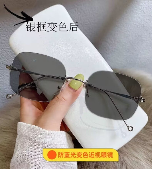 2023 fashion metal frameless anti-blue light discoloration myopia trend versatile plain face thin no degree discoloration glasses