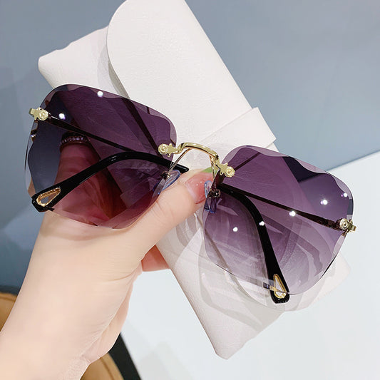 2023 new frameless trimmed square sunglasses women's glasses Internet celebrity round face plain sunglasses gradual change