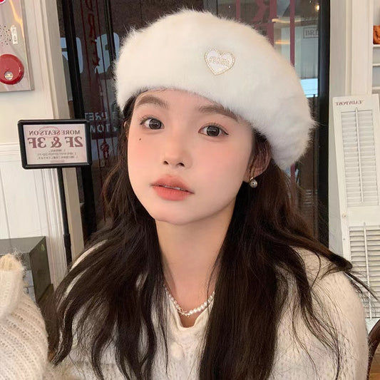 Waxy Jiji~ Sweet white rabbit fur beret children autumn and winter 24 new face small big head circumference painter hat