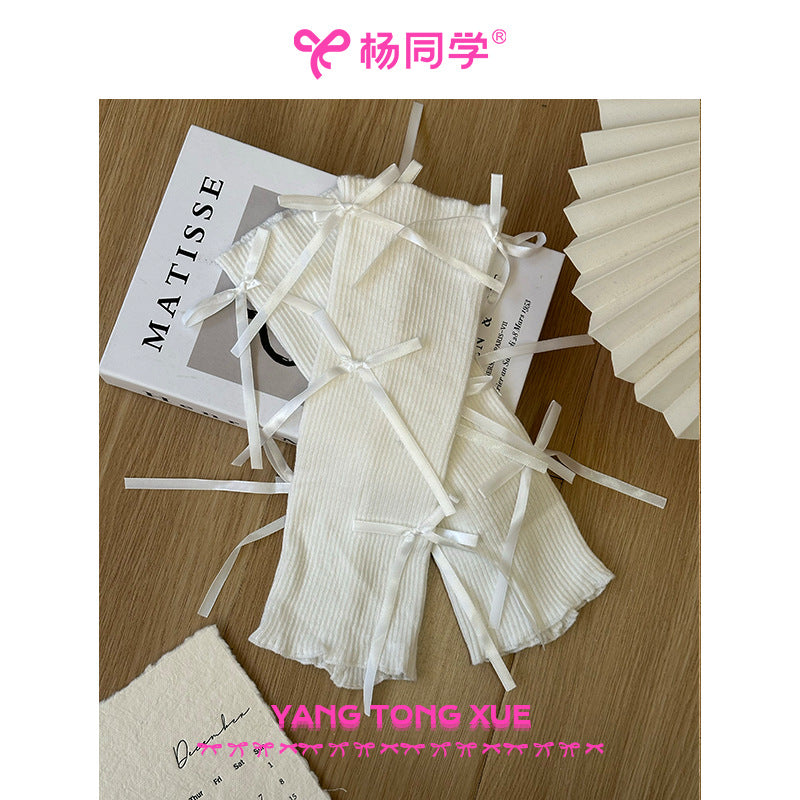 [Student Yang] Sweet girl bow knitted medium bucket stacking socks cover spring and summer jk hot girl calf cover to keep warm