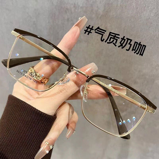 Xiaohongshu same square glasses men's literary and retro half-frame glasses women's versatile cat ear glasses frame anti-blue light glasses