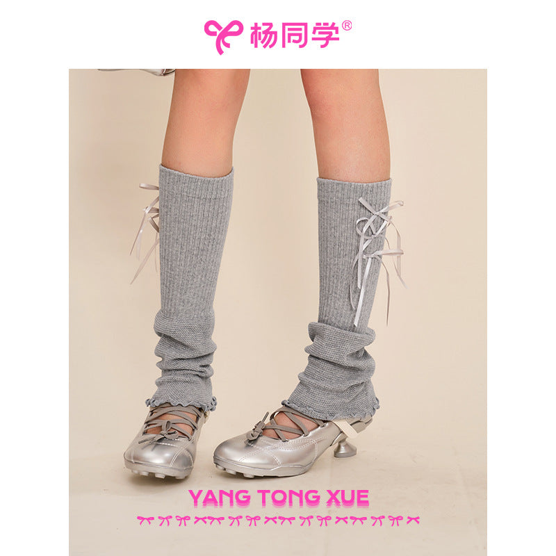 [Student Yang] Wear gray bow lace socks for women's knitted summer girl sweet ballet stacking socks